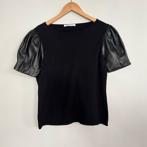 Sioni Black Puff Sleeve Top Blouse Faux Leather Chic Modern
